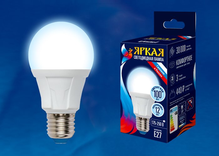 LED-A60 12W/DW/E27/FR PLP01WH Лампа светодиодная. Форма «А», матовая. Серия Яркая. Дневной свет (650