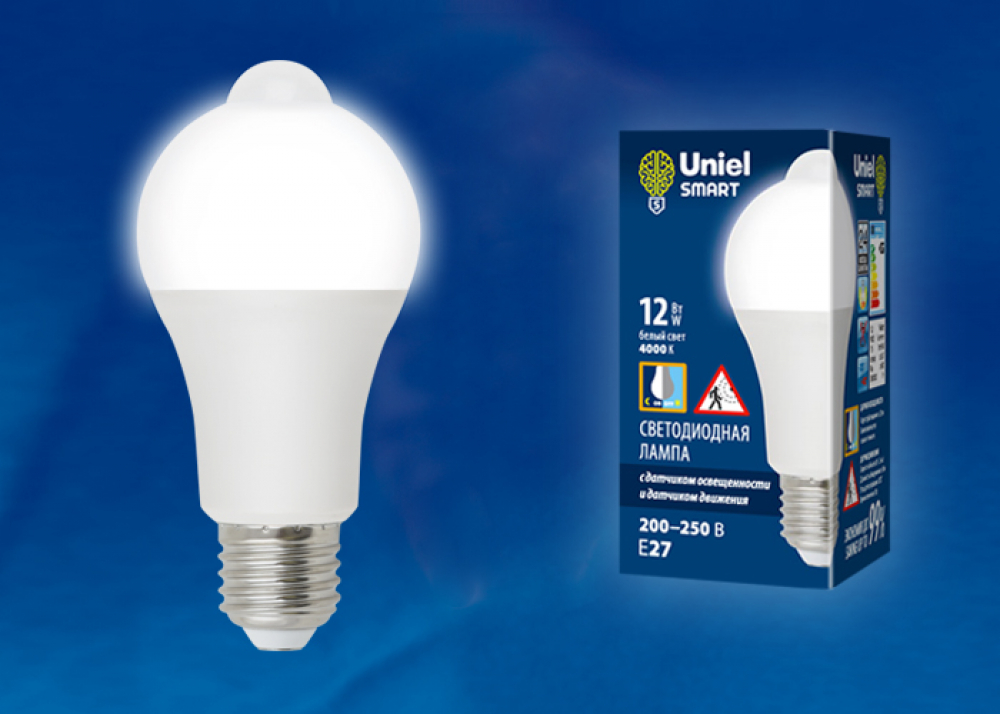 LED-A60-12W/4000K/E27/PS+MS PLS10WH Лампа светодиодная с датчиком освещенности и датчиком движения.